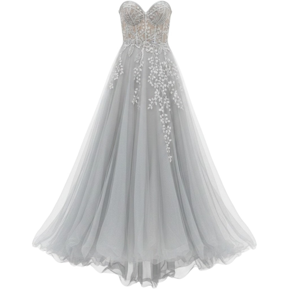 Andrea & Leo Couture Floral Lace Glitter Tulle Corset Gown Blue Silver Size 6